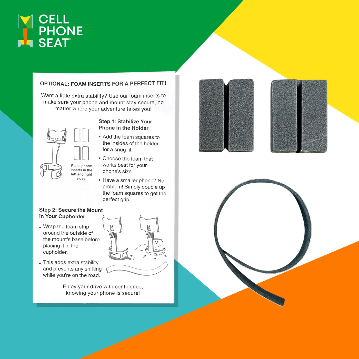Cell Phone Seat foam kit: four foam squares, a foam strip and the instruction card