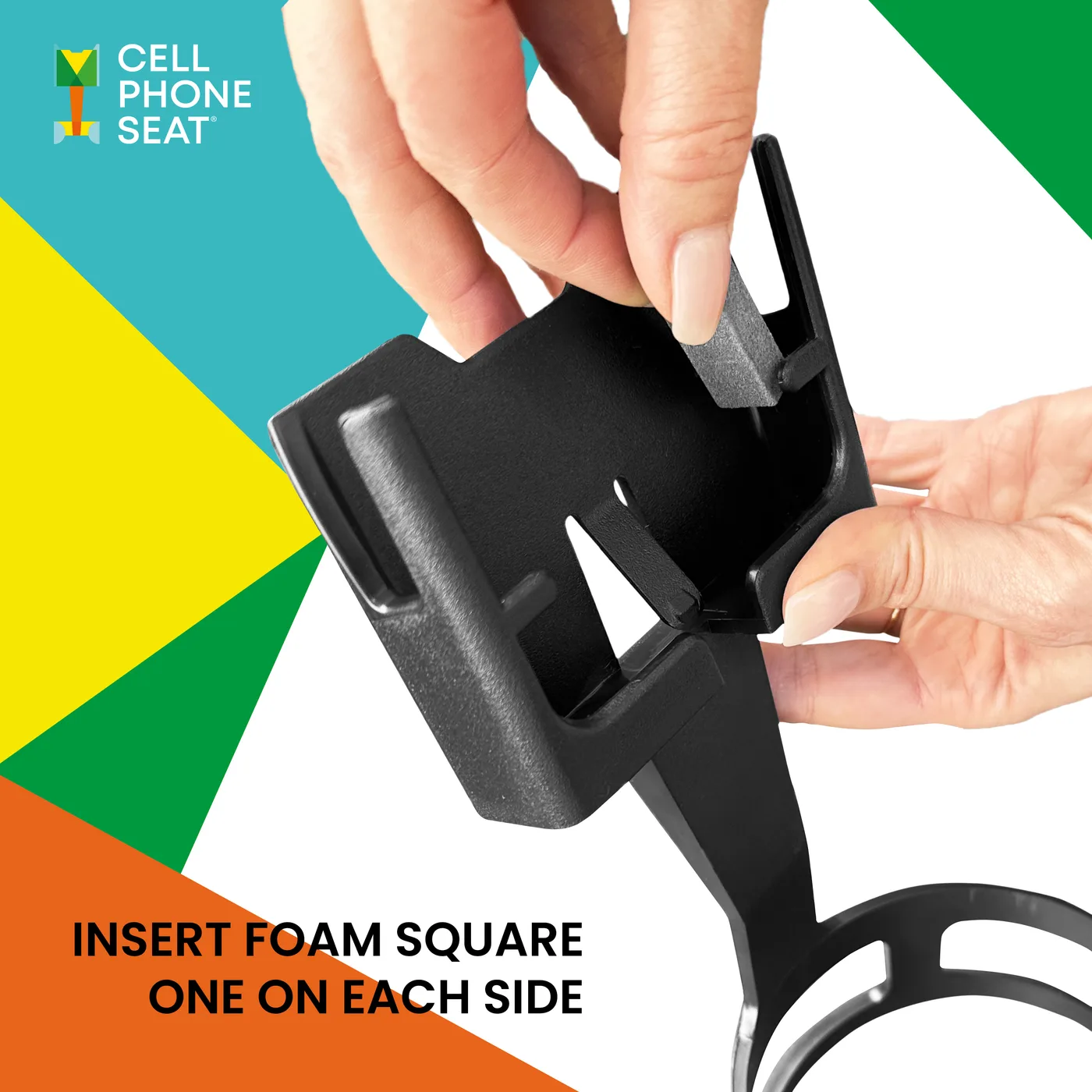 Inserting a foam square inside the Cell Phone Seat phone holder, one on each side