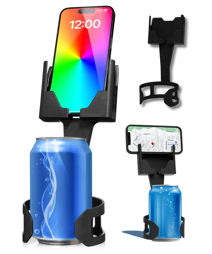 Cell Phone Seat holding a phone upright above a drink can, plus a seat holding a phone sideways